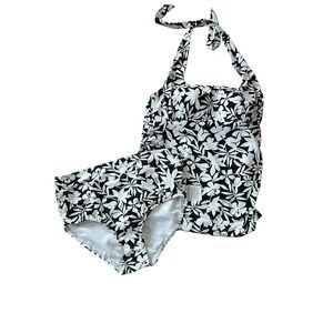 Lands End NWT 2pc Tankini Black White Halter Top SZ 10